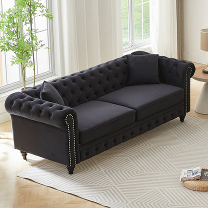 FX 85.5"Living Room with velvet Chesterfield Sofa with Rolled Arms 3 Seater Sofa with Button Design and 2 Cushions for Apartment, Office, Living Room W1926S00064 image 5