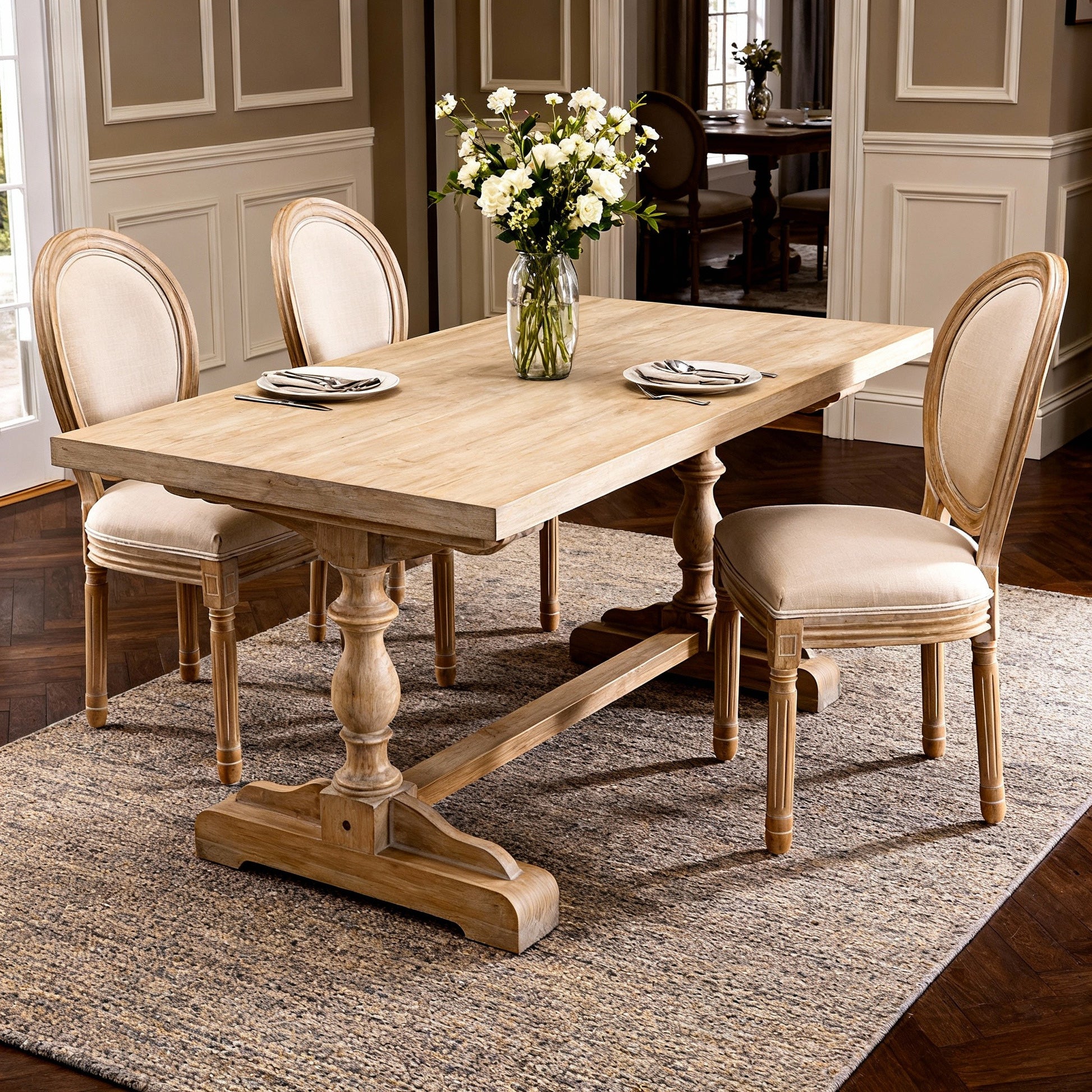 French Style Solid Wood Frame Linen Fabric Oval Back Dining Chair,Set of 2,Beige image 1