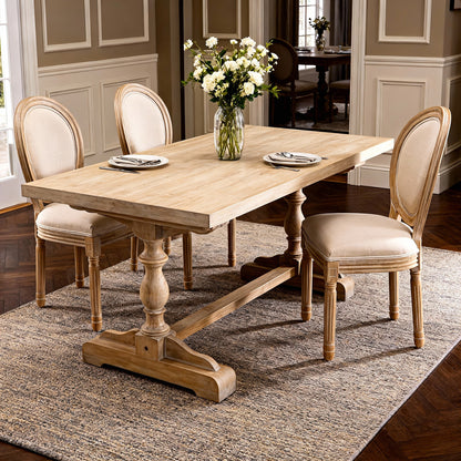 French Style Solid Wood Frame Linen Fabric Oval Back Dining Chair,Set of 2,Beige image 1