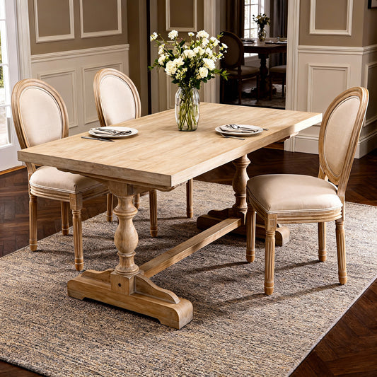 French Style Solid Wood Frame Linen Fabric Oval Back Dining Chair,Set of 2,Beige image 1