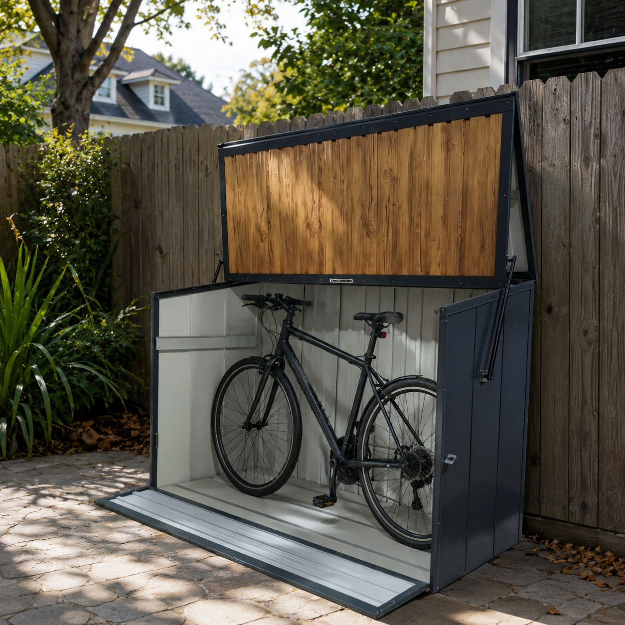 Wood Grain Galvanized Steel Storage Cabinet, Lift-Up Top & Foldable Front Door Large Capacity Tool Cabinet for Indoor, Garage & Backyard Use 594.39 US Gal 2.25m³ image 11
