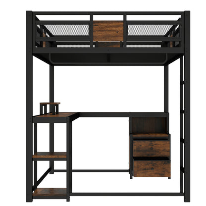 Queen Loft Bed with Desk and Storage Non-woven Fabric Drawers, Metal Loft Bed Frame with Ladders, Nosie-free and No Spring Box Needed, Black image 11