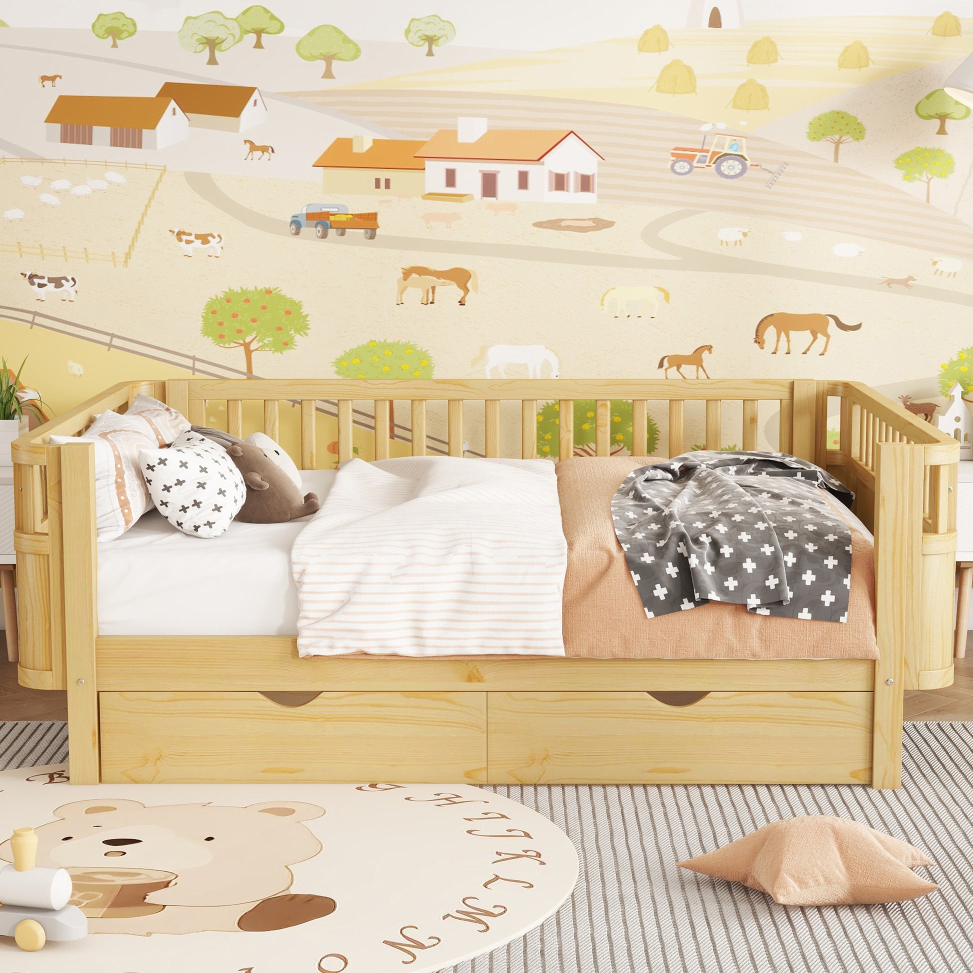 Full Size Wood Platform Bed for Kids, Wood Low Profile Full Bed with Rails for Girls and Boys, Natural (Old SKU W2593P331687) image 3