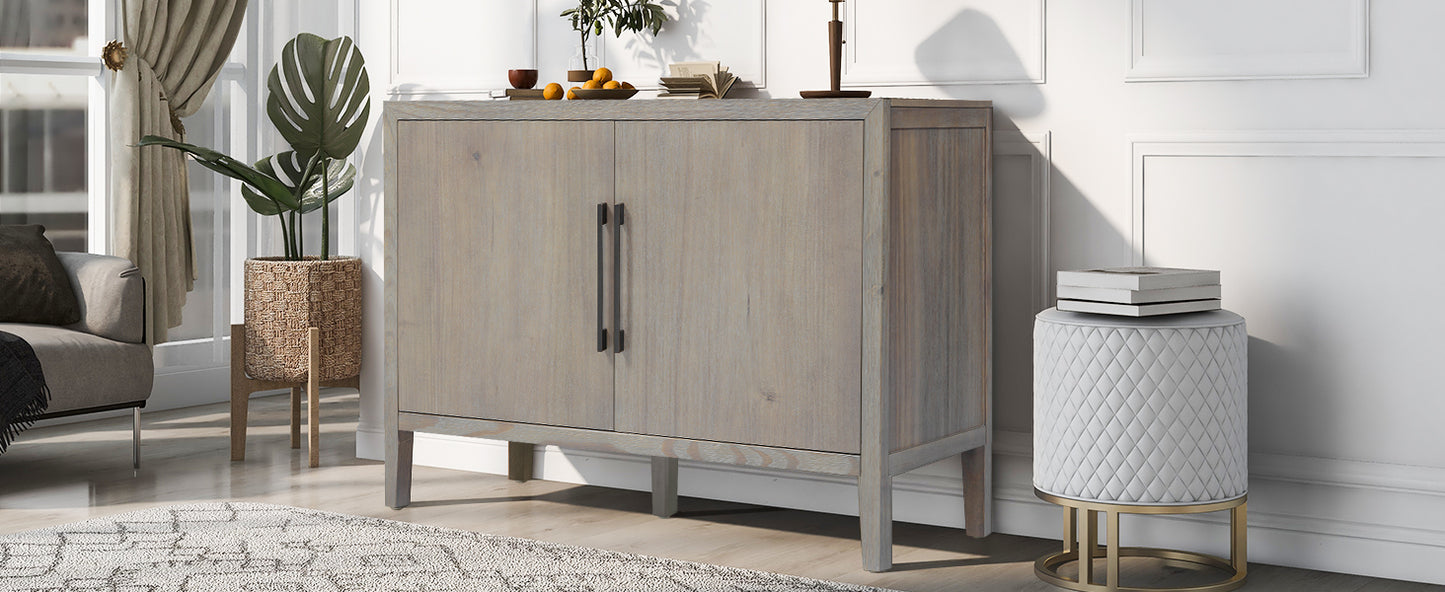 U_STYLE 47.25-Inch Farmhouse Sideboard with Pine Veneer and 2 Doors, Retro Buffet with Adjustable Feet, Minimalist Wooden Storage Cabinet with Metal Handles for Living Room, Kitchen image 4