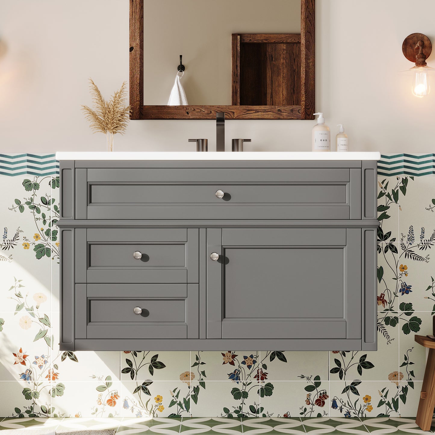36'' Wall Mounted Bathroom Vanity, Floating Bathroom Storage Cabinet with 2 Drawers, 1 Tip-out Drawer, 3 Holes Single Ceramic Sink, Modern Cabinet. image 1