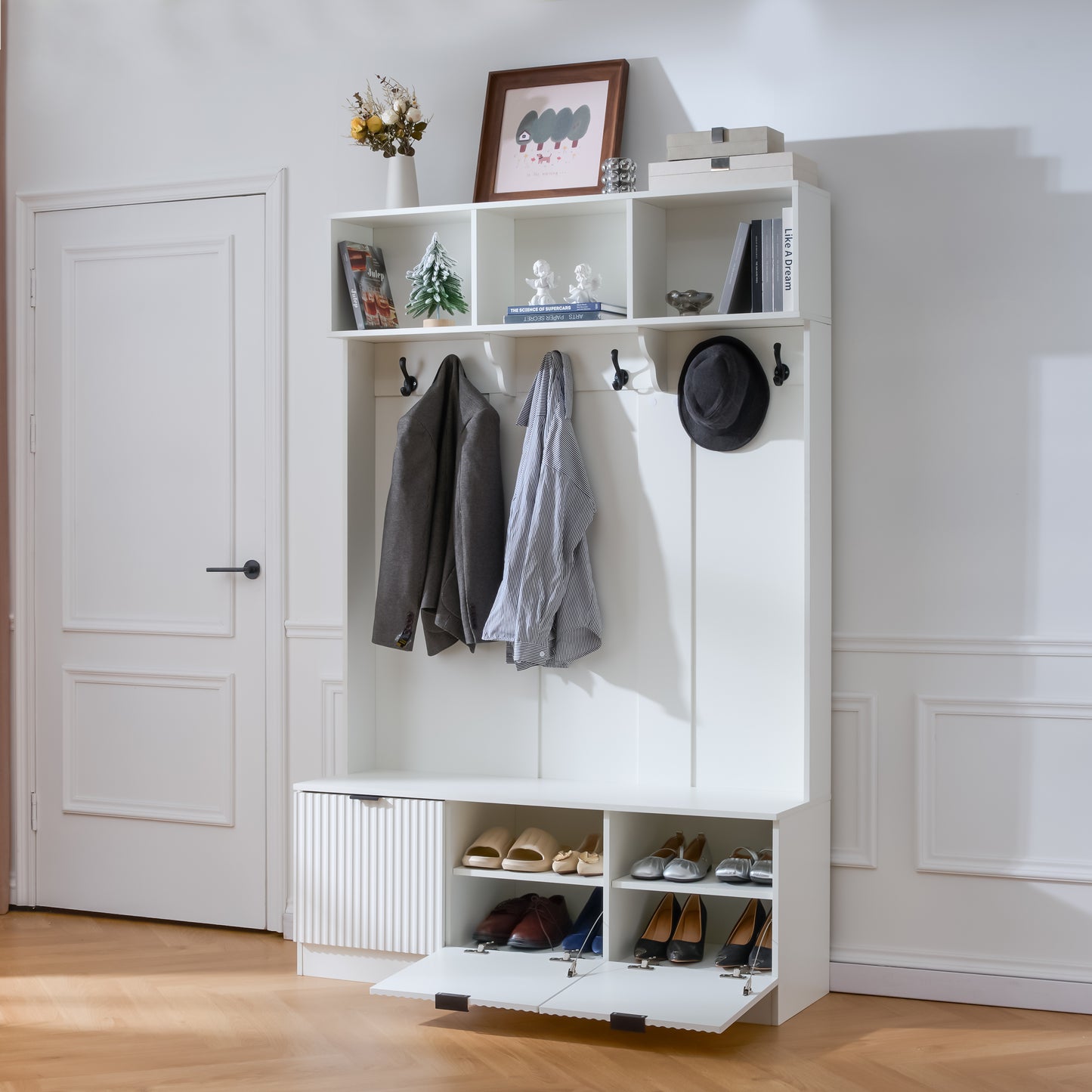 49.6 " 5-in-1 Hall Tree with Bench, Shoe Storage & 3 Open Storage Cabinets, Farmhouse Hall Tree with High Gloss Fluted Doors for Hallway Living Room image 3