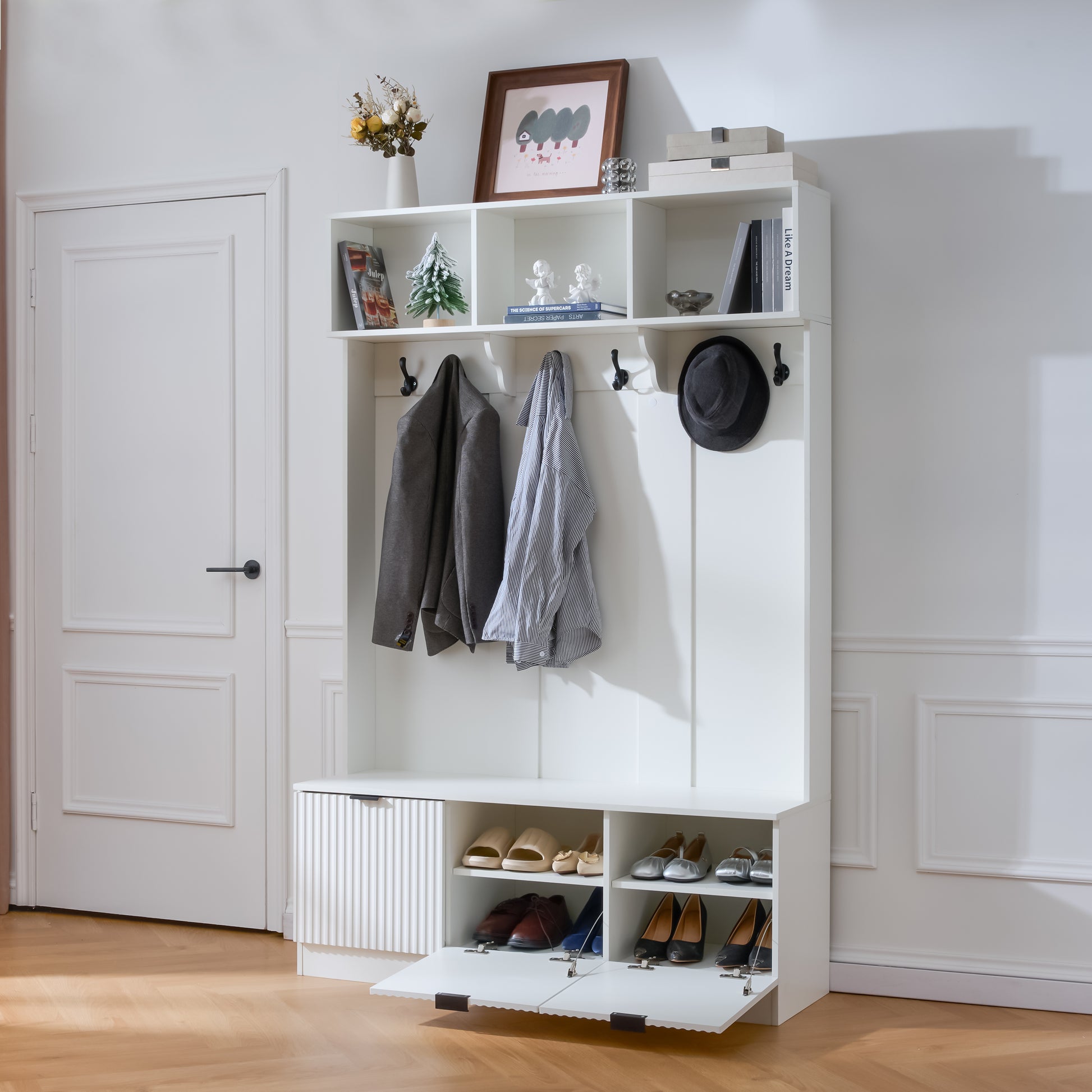 49.6 " 5-in-1 Hall Tree with Bench, Shoe Storage & 3 Open Storage Cabinets, Farmhouse Hall Tree with High Gloss Fluted Doors for Hallway Living Room image 3