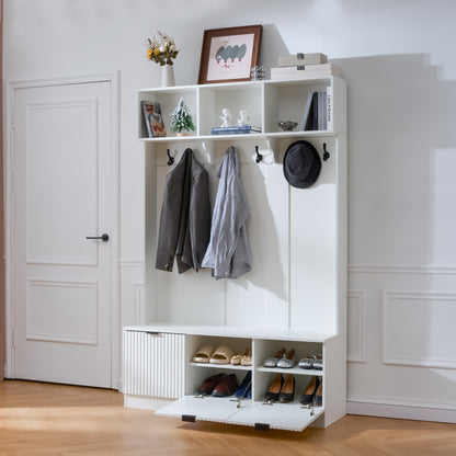 49.6 " 5-in-1 Hall Tree with Bench, Shoe Storage & 3 Open Storage Cabinets, Farmhouse Hall Tree with High Gloss Fluted Doors for Hallway Living Room image 3
