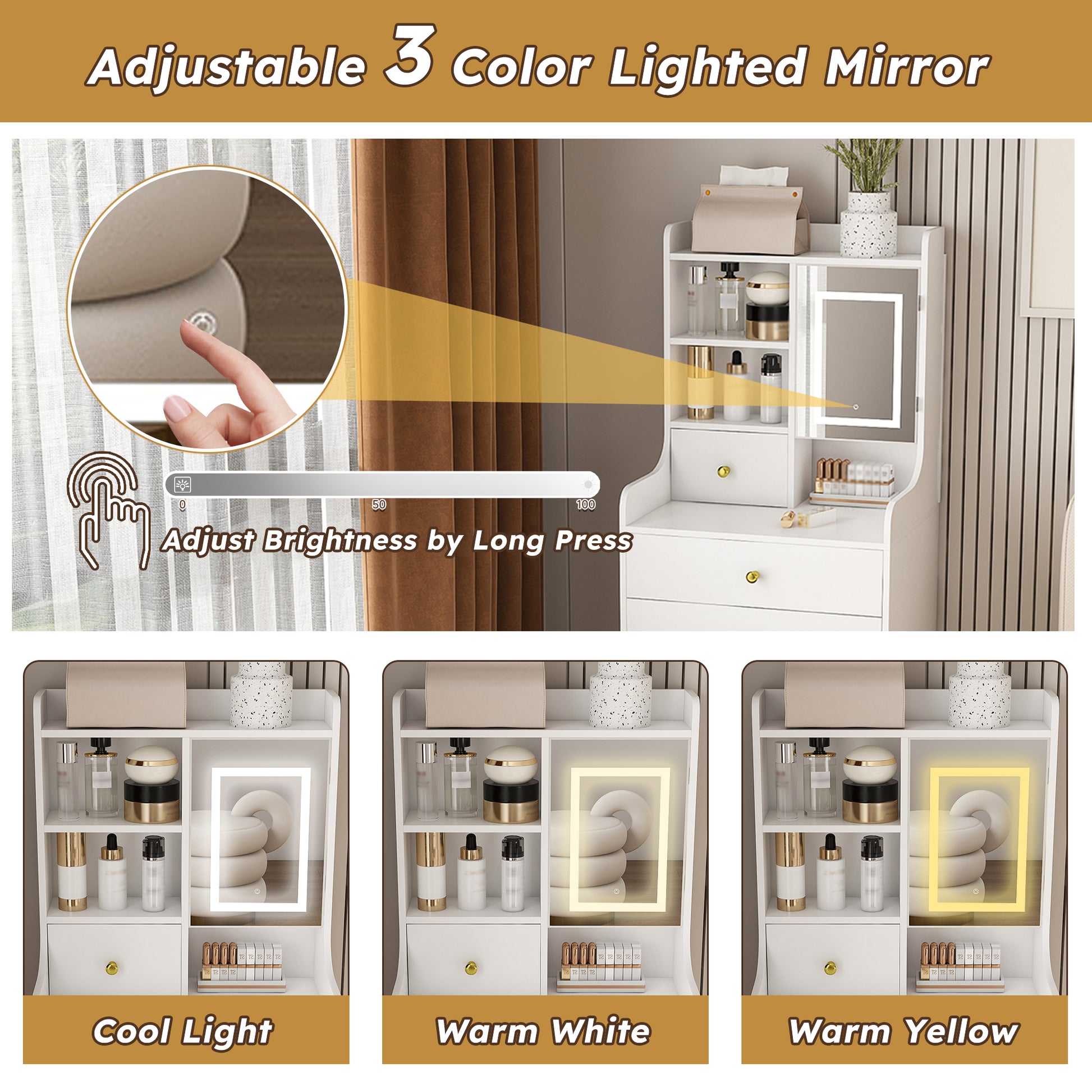 3-in-1 Dressing Table with LED Mirror & Storage Stool - Compact Makeup Vanity with 4 Drawers, Storage Cabinet & Hidden Stool, White Density Board Design, Open Bookshelf for Bedroom Organization image 11