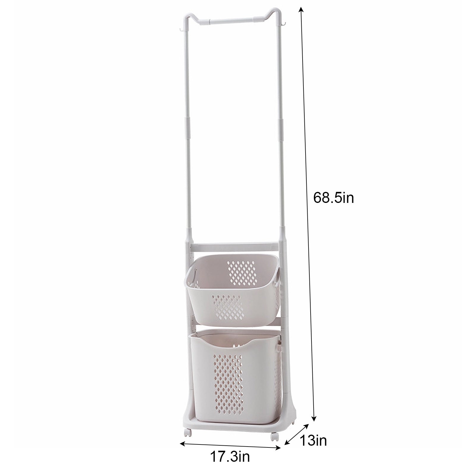 2-Tier Laundry Hamper Sorter with Hanging Bar, Rolling Laundry Baskets with Wheels Removable, Stackable Laundry Cart Organizer and Storage for Small Space, Dorm, Closet, Bathroom image 2