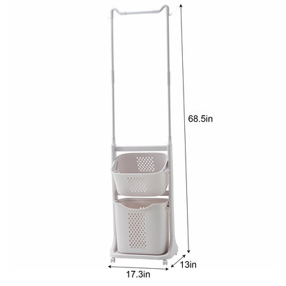 2-Tier Laundry Hamper Sorter with Hanging Bar, Rolling Laundry Baskets with Wheels Removable, Stackable Laundry Cart Organizer and Storage for Small Space, Dorm, Closet, Bathroom image 2