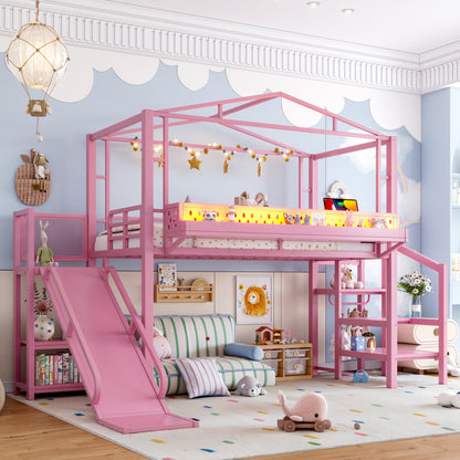 Twin Size Loft Bed with Storage Stairs, Shelves and Built-in Wardrobe, Metal Loft Bed Frame with USB Ports and LED Lights, Noise-reduced Design, Pink image 2