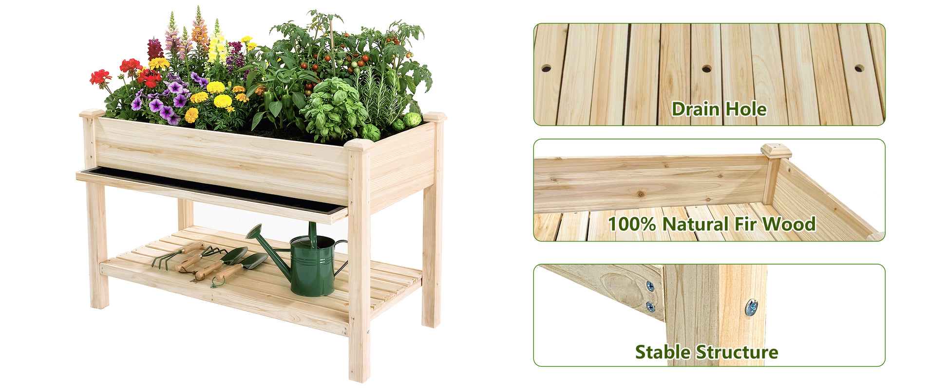 Raised Garden Bed 48x23x31.1-inch Elevated Wood Planter with Water Collection Tray, Storage Shelf, Protective Liner image 7
