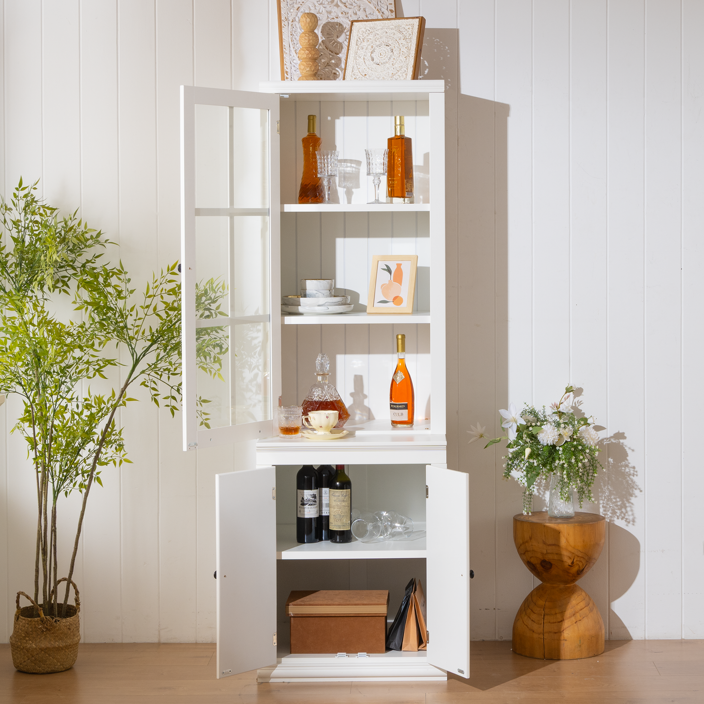 75.25'' Tall Freestanding Pantry Cabinet with Glass Door & Lattice Window, Farmhouse Display Cabinets with Storage, Hutch with Double-Action LH&RH Door, for Hallways, Livingroom Kitchen & Office,White image 4