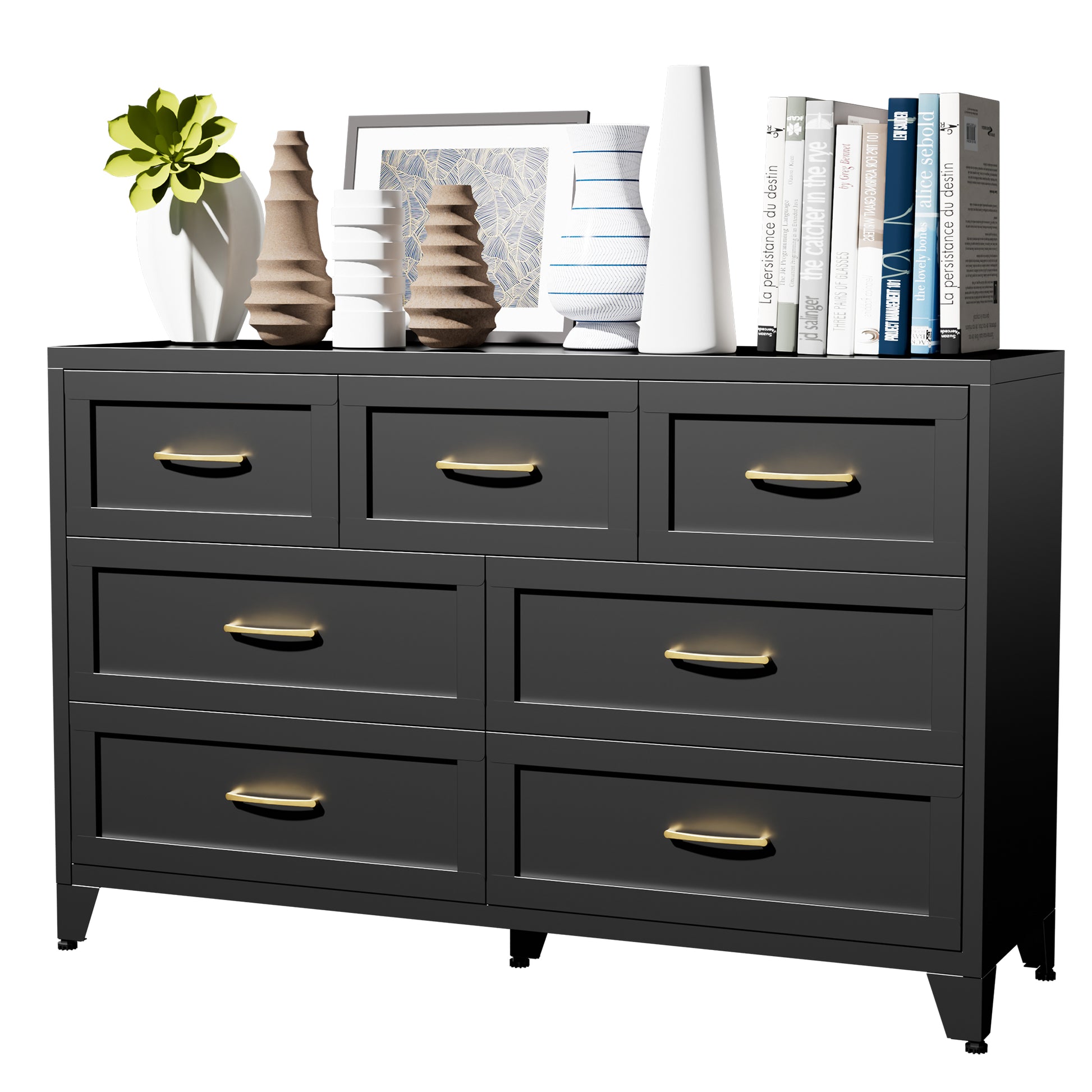 7-Drawer Dresser, Wide Low-Profile Storage Cabinet, Black Metal Chest of Drawers for Bedroom, Living Room & Entryway image 12