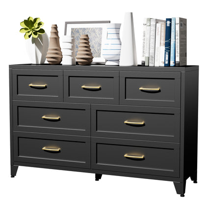 7-Drawer Dresser, Wide Low-Profile Storage Cabinet, Black Metal Chest of Drawers for Bedroom, Living Room & Entryway image 12