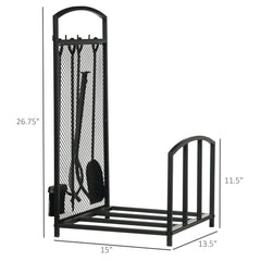 HOMCOM Firewood Rack with Fireplace Tools, Indoor Outdoor Firewood Holder for Fireplace, Wood Stove, Hearth or Fire Pit, Wood Storage Log Rack Includes Poker, Tongs, Broom, Shovel, Black