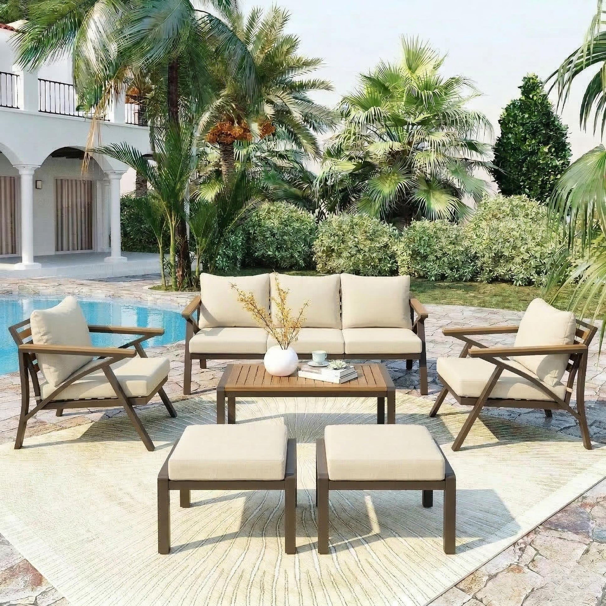 6-Piece Outdoor Patio Furniture Set, Steel Frame Sofa Set with 3-Seat Couch, 2 Armchairs, 2 Ottomans & Acacia Wood Coffee Table, Cushioned Seating for Backyard, Garden, Poolside, Beige Cushion image 5