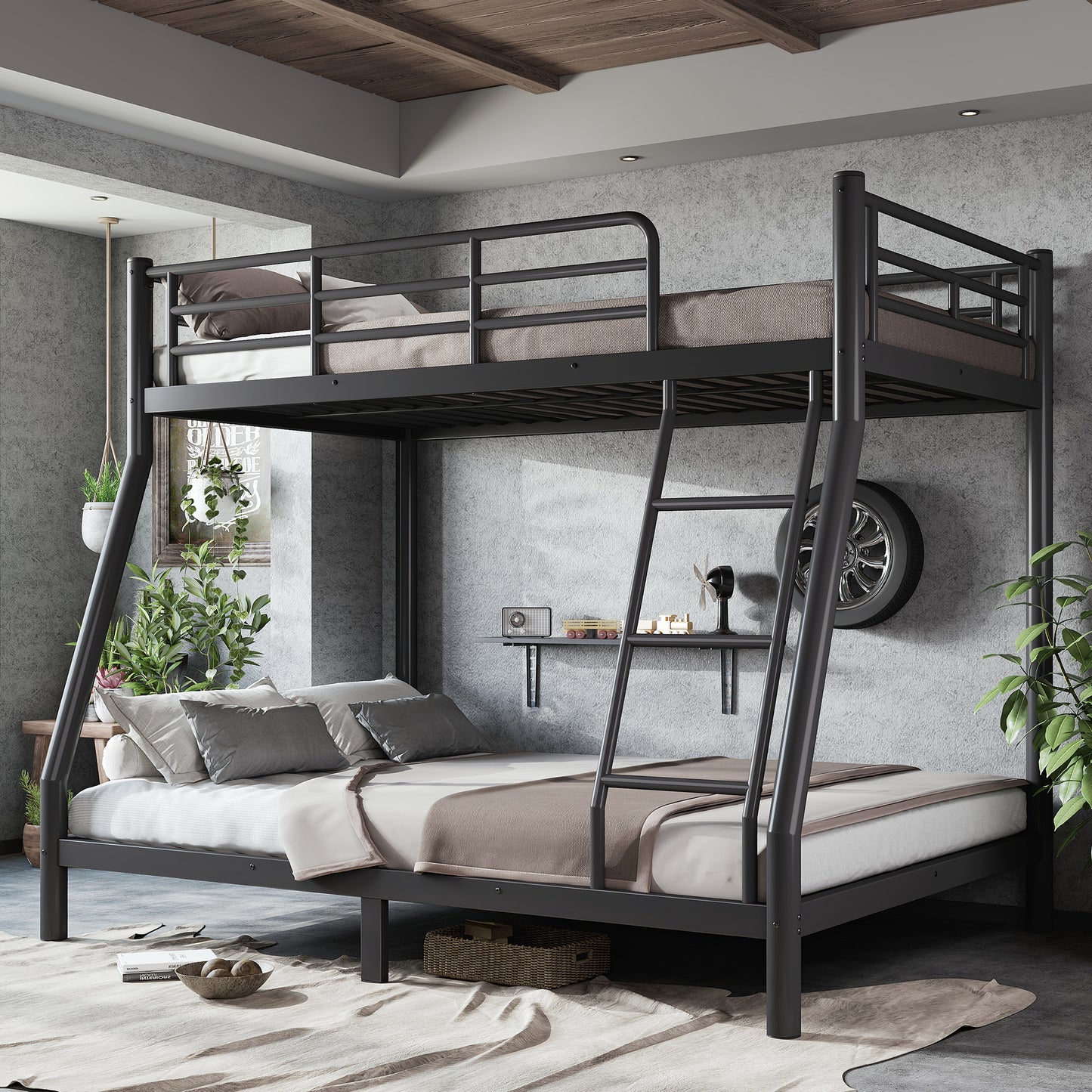 Twin over Full Size Metal Bunk Bed for Teens and Adults,Space-Saving/Noise Reduced/No Box Spring Needed, Round Tube, Black image 3