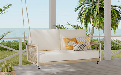 TREXM 1-Piece Woven Rope Outdoor Swing Sofa with Soft Cushions Seating 2 for Patio, Courtyard and Balcony (Beige) image 7