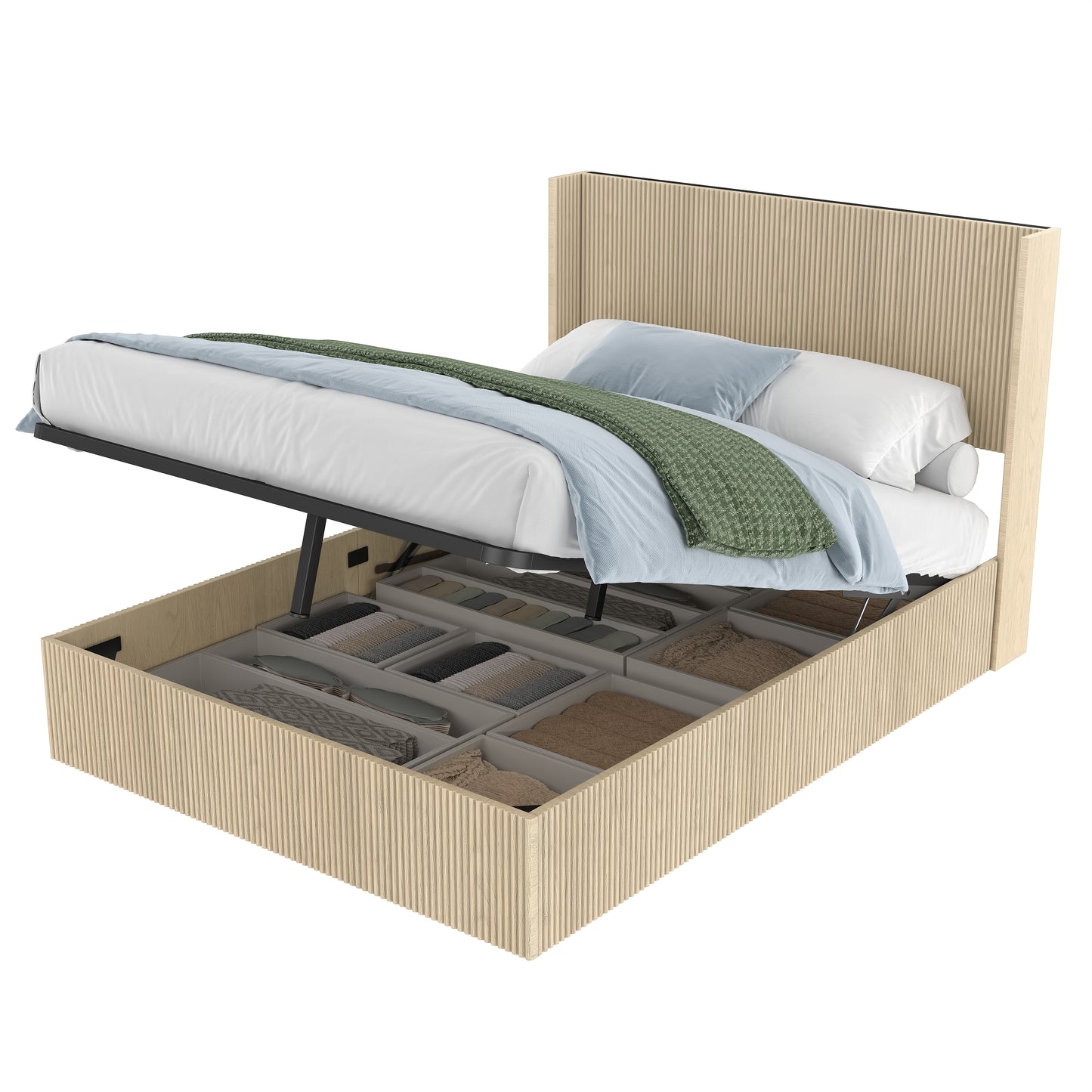 A large raised and undulating storage bed frame with grooves. The wooden platform bed frame has a storage function that can be lifted, without requiring a spring box / no noise. Oak color (Queen) image 4