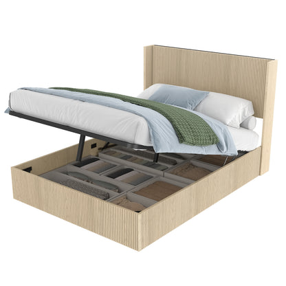 A large raised and undulating storage bed frame with grooves. The wooden platform bed frame has a storage function that can be lifted, without requiring a spring box / no noise. Oak color (Queen) image 4