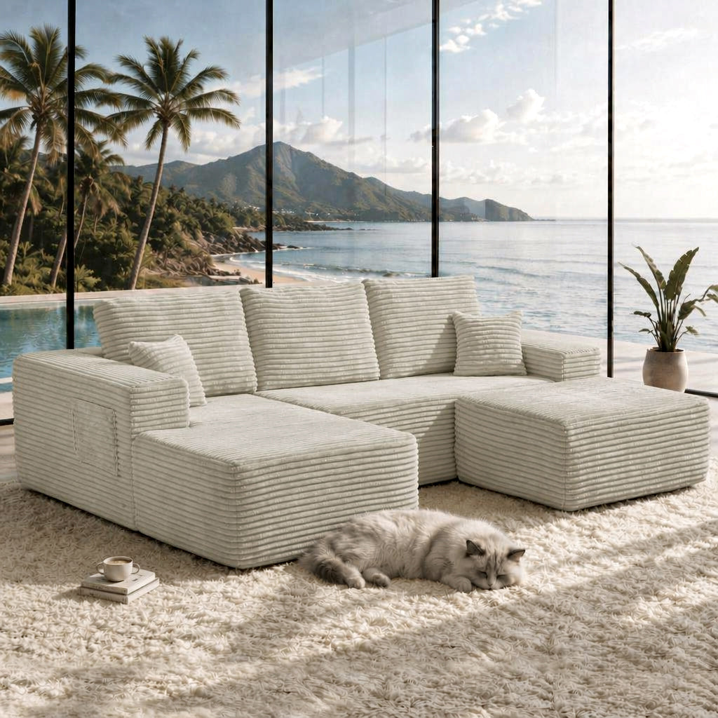 104''Cloud Sectional Couch with U-Shaped Chaise,Modern Modular Sofa with Deep Seat, Upholstered Couches for Living Room Bedroom,No Assembly Required,(Plush Fabric),Beige image 3