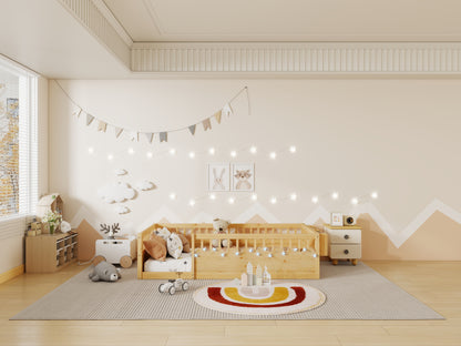 Twin Montessori Floor Bed Frame with High Rails, Wood Kids Floor Beds with Light and Storage Shelf, Natural (Expect Arrival Date 2025/8/15) image 7