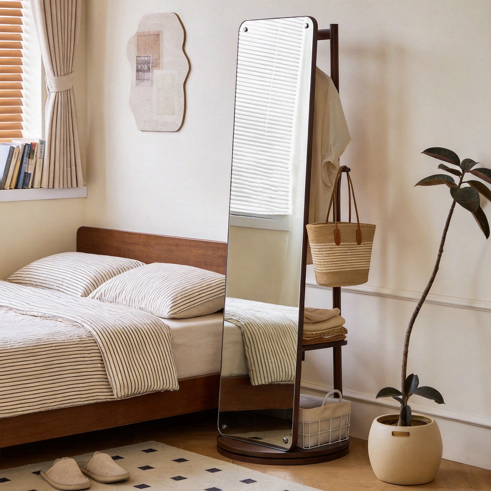 Rotating Full Length Mirror with Clothes Rack, Freestanding Solid Wood Storage Mirror for Bedroom Living Room image 2