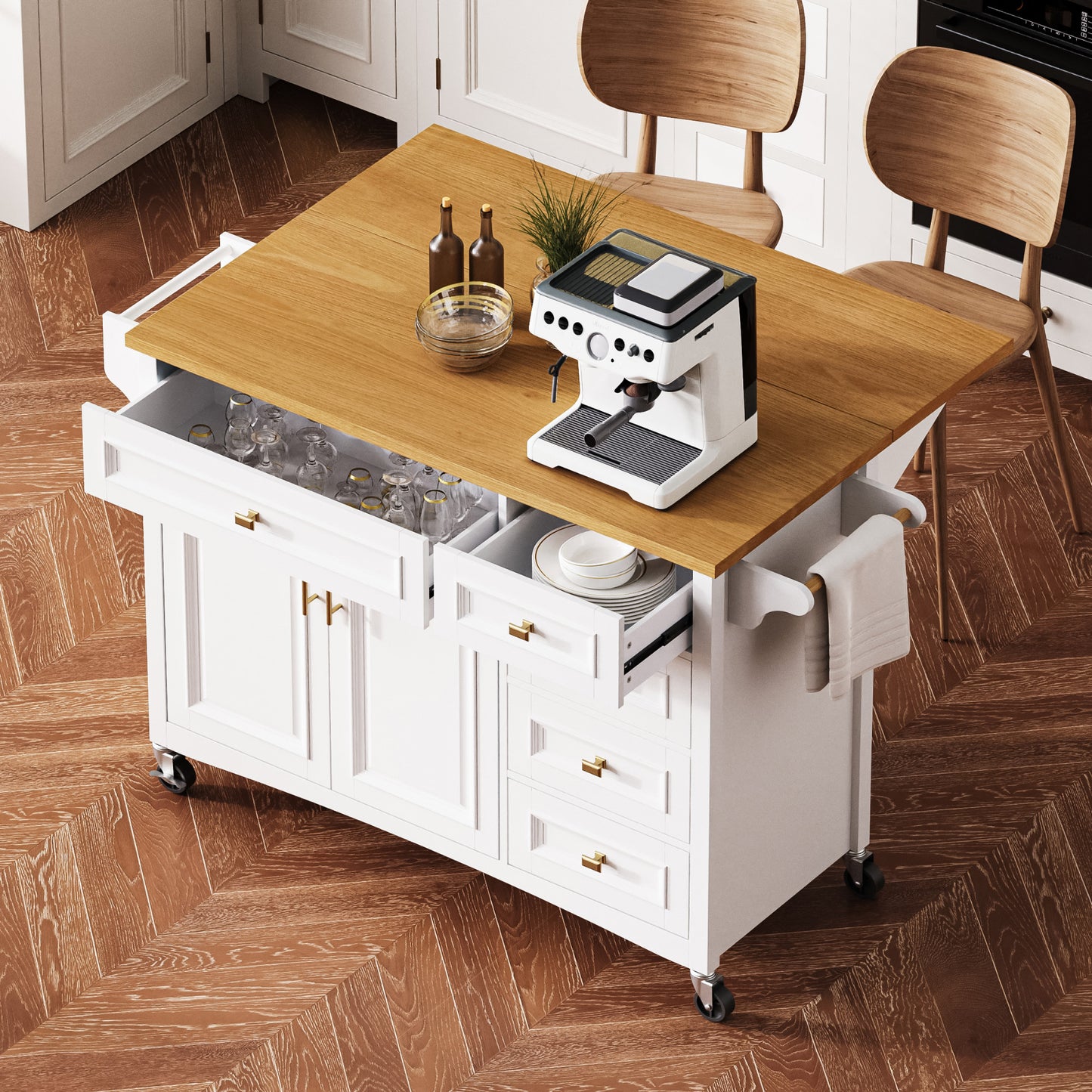 K&K 52'' Kitchen Island with Drop Leaf, Embossed Texture Kitchen Island on Wheels with Spice Rack, Towel Rack, 2 Doors and 5 Drawers, Kitchen Storage Cart with Adjustable Shelf for Kitchen, White image 1