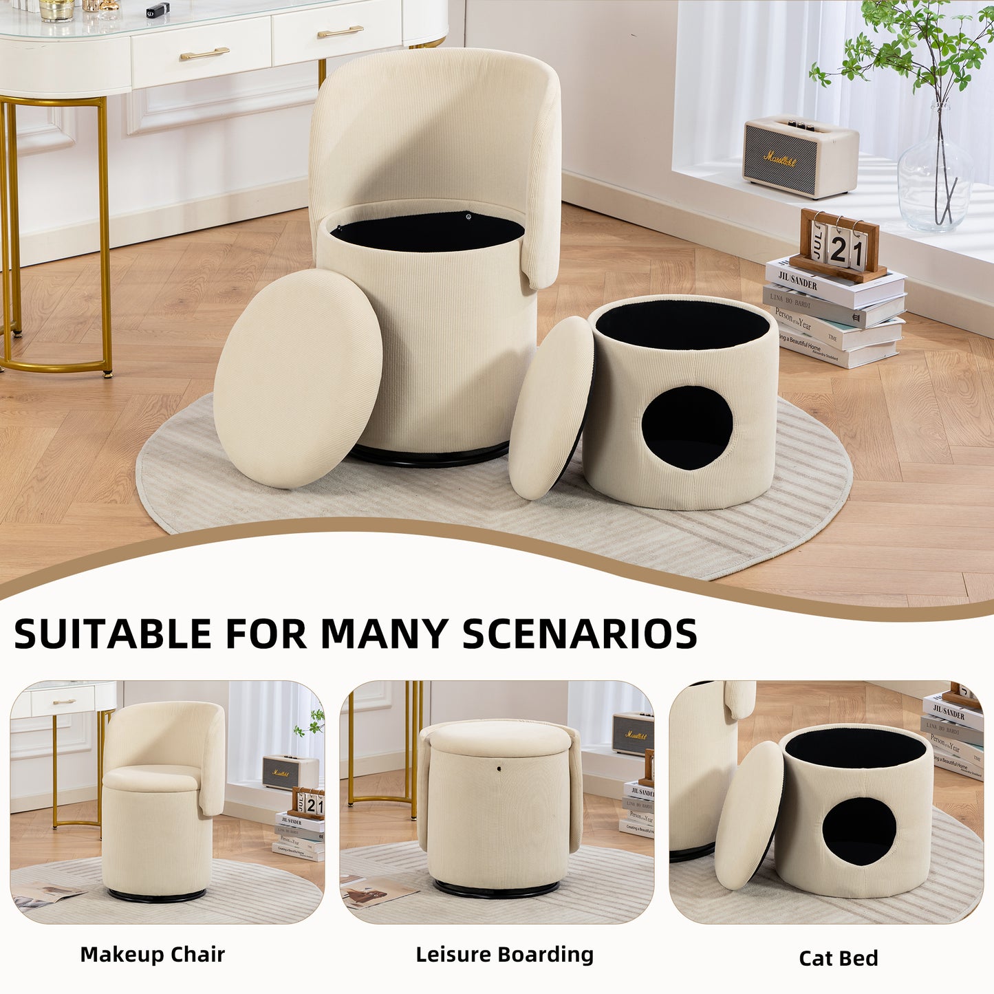 Decorative chair with storage, 360° rotating corduroy vanity & dining chair, soft padded seat, free cat bed stool included, beige, ideal for bedroom, dressing room and living room. image 8