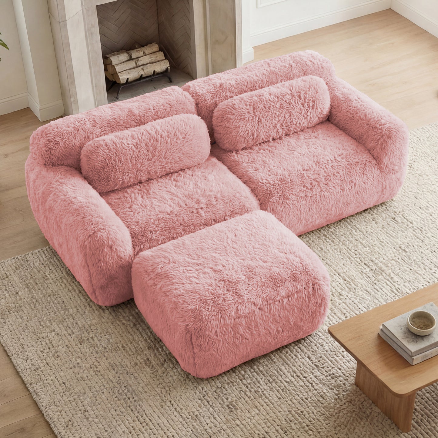 L-shaped Boneless Sofa,Soft Fluffy Plush Fabric,With Chaise 32D High Density Sponge,No Assembly Required,Ergonomic Design Bottom Anti-Slip Design,With Throw Pillows,Fits Bedrooms,Pink image 2