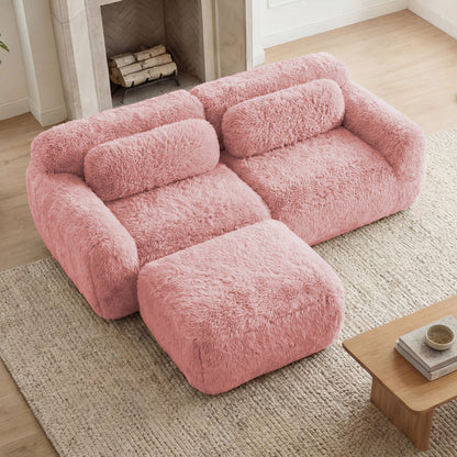 L-shaped Boneless Sofa,Soft Fluffy Plush Fabric,With Chaise 32D High Density Sponge,No Assembly Required,Ergonomic Design Bottom Anti-Slip Design,With Throw Pillows,Fits Bedrooms,Pink image 2