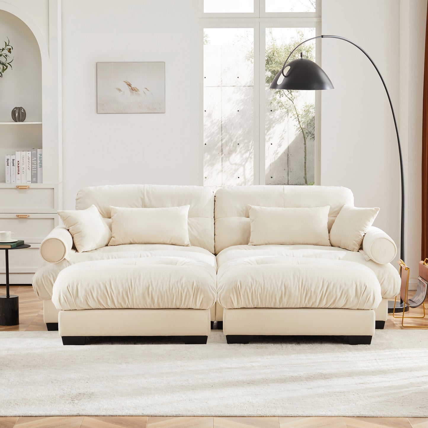 Over Size Modern Two-seater Sofa with Ottoman, Velvet 2-Seater with Round Bolster Armrests,With Waist Pillow and Throw Pillows,Reading Room, Loft and Bedroom,Cream image 3