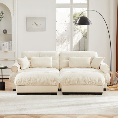 Over Size Modern Two-seater Sofa with Ottoman, Velvet 2-Seater with Round Bolster Armrests,With Waist Pillow and Throw Pillows,Reading Room, Loft and Bedroom,Cream image 3