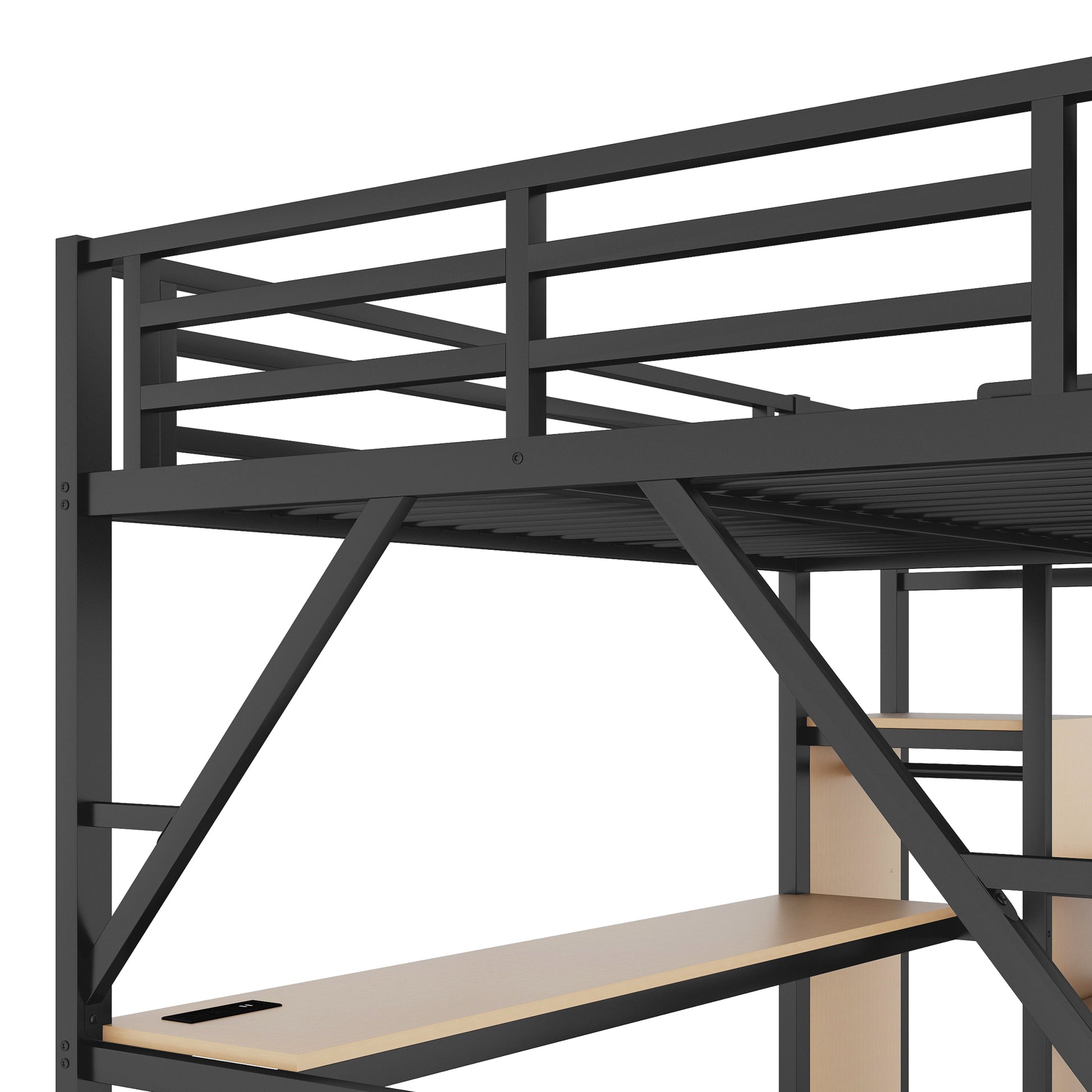 Full Loft Bed with Desk and Charging Station, Full Size Metal Loft Bed with Stairs and Light for Kids Teens, Black, Patent Products image 11
