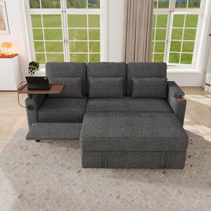81-inch 3-in-1 foldable three-person sofa bed with a table board and USB ports, armrests with storage function. High-quality chenille three-person sofa. The sofa bed features adjustable backrest and p image 4