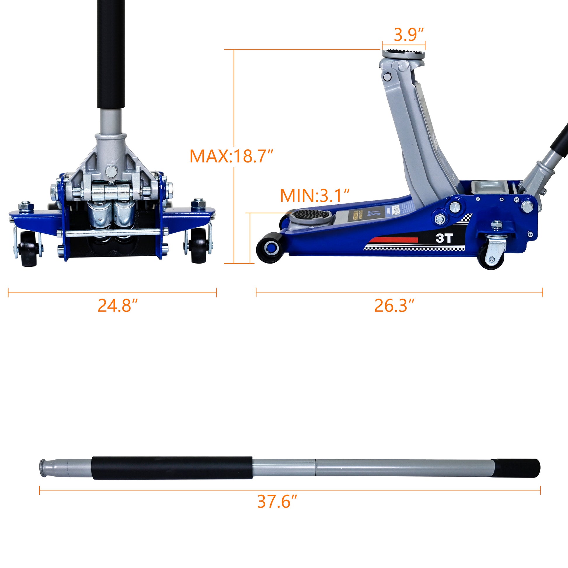 Low-Position Steel Vehicle Floor-mounted Hydraulic Jack with Dual-piston Quick-lift Pump, 3-Ton(6,600 lb.) Capacity. image 10