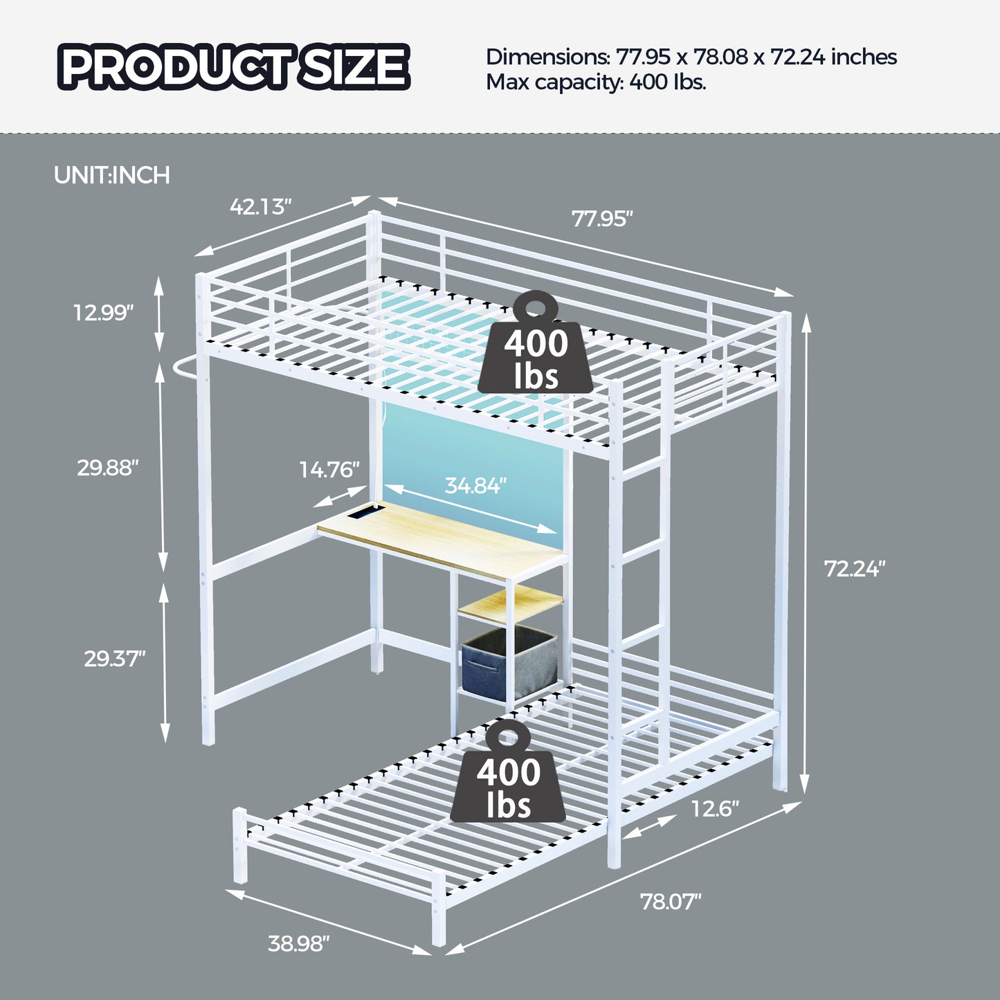Bunk Bed with Ladder and high Guardrail, Able to Split, Metal Bunk Bed, Storage Space, Noise Free,Twin Over Twin Size,White image 6