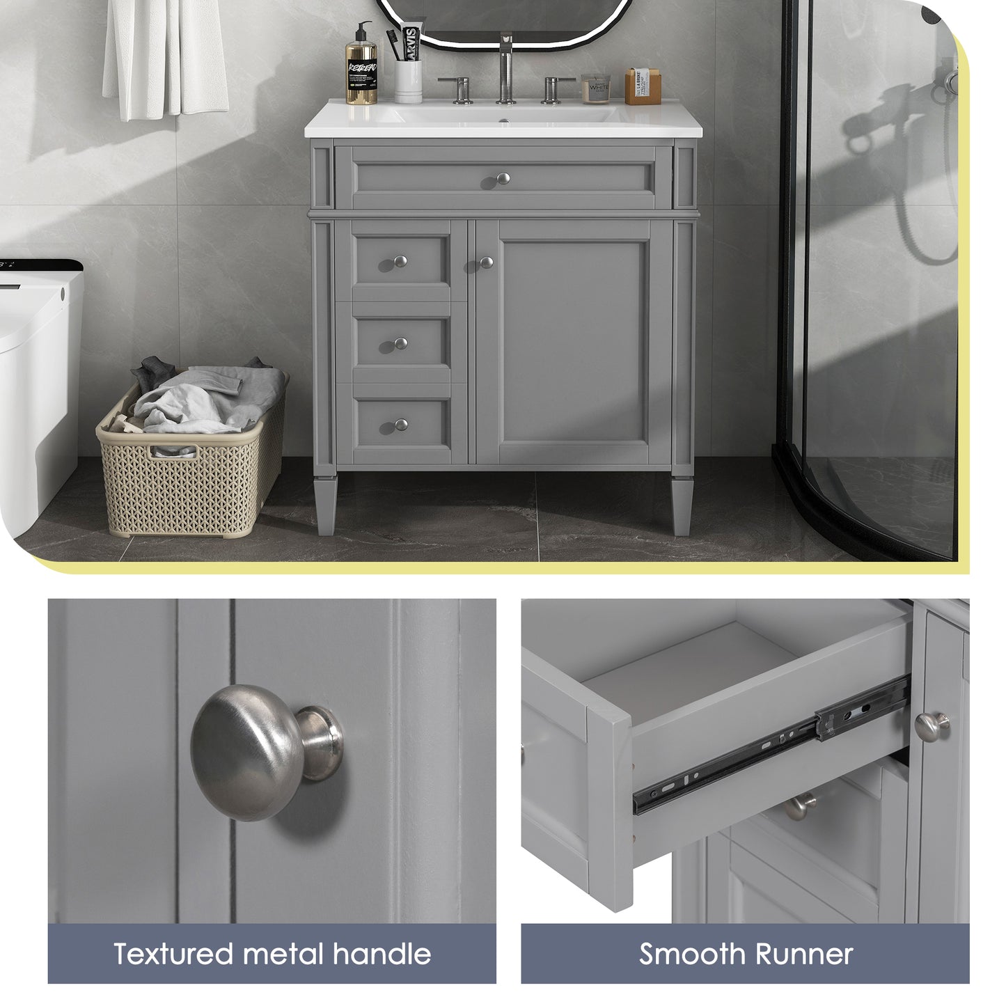 30'' Bathroom Vanity with Top Sink, Modern Bathroom Storage Cabinet with 2 Drawers and a Tip-out Drawer, Single Sink Bathroom Vanity image 6