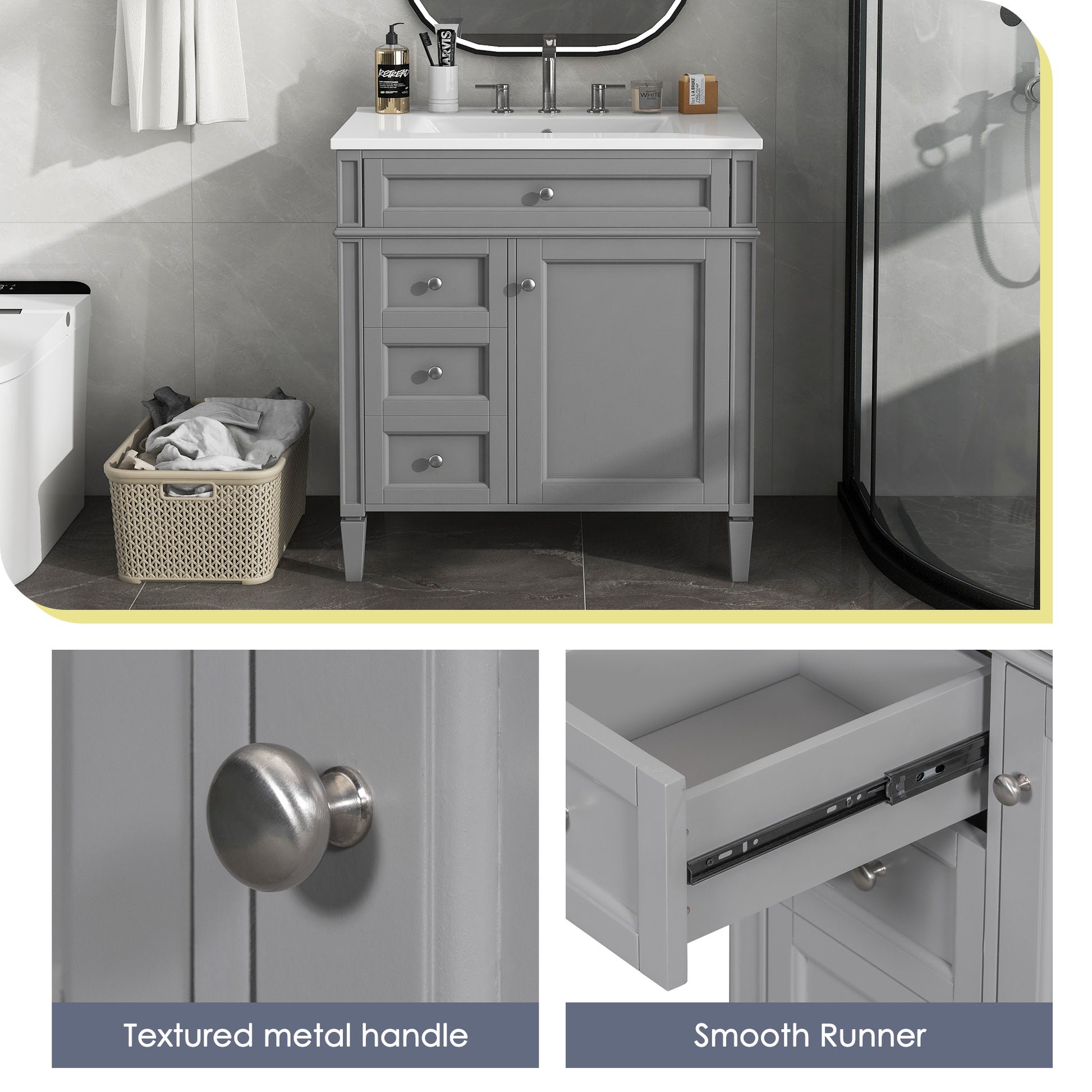 30'' Bathroom Vanity with Top Sink, Modern Bathroom Storage Cabinet with 2 Drawers and a Tip-out Drawer, Single Sink Bathroom Vanity image 6