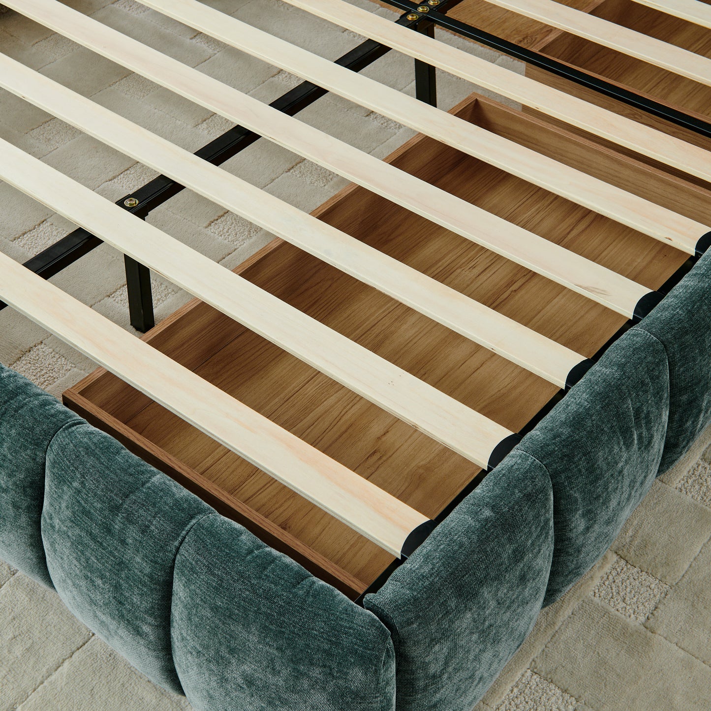 King Size Upholstered Bed,comfortable upholstered bed frame, Chenille fabric, with headboard and solid bed frame. With drawer for storage-green(88.5''*85.5''*31'') image 11