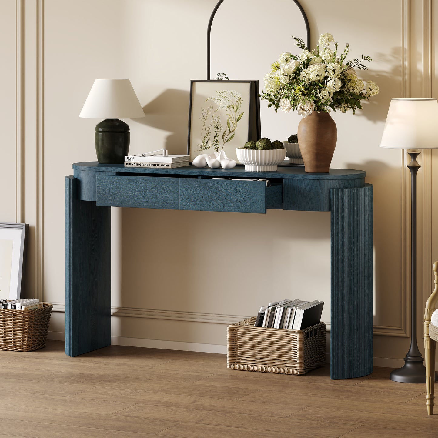 TREXM Entryway Table with Natural Wood Grain Finish, Console Table with Fluted Design, Oval Top and 2 Drawers for Entryway and Living Room (Navy) image 12