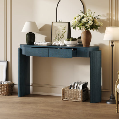 TREXM Entryway Table with Natural Wood Grain Finish, Console Table with Fluted Design, Oval Top and 2 Drawers for Entryway and Living Room (Navy) image 12