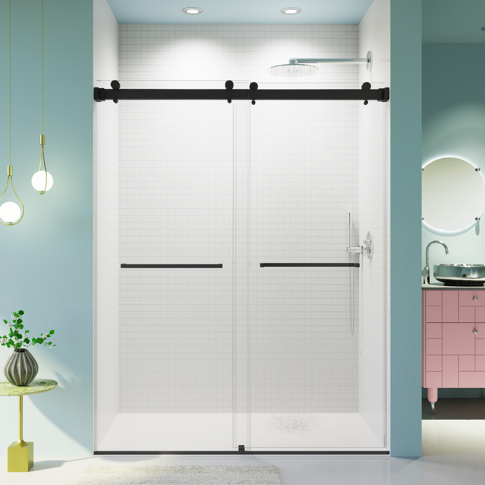 For 56-60 inches *76 inches Frameless Double Sliding Shower Door in Matte Black, 3/8 inches (10mm) Thick SGCC Tempered Glass Door, Reversible Installation, No Soft-Close image 1