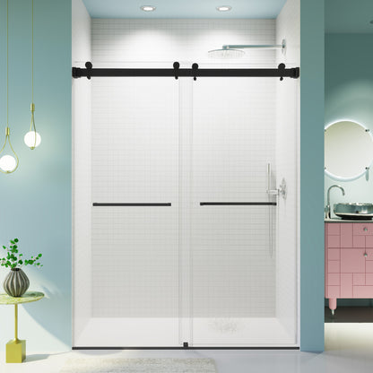 For 56-60 inches *76 inches Frameless Double Sliding Shower Door in Matte Black, 3/8 inches (10mm) Thick SGCC Tempered Glass Door, Reversible Installation, No Soft-Close image 1