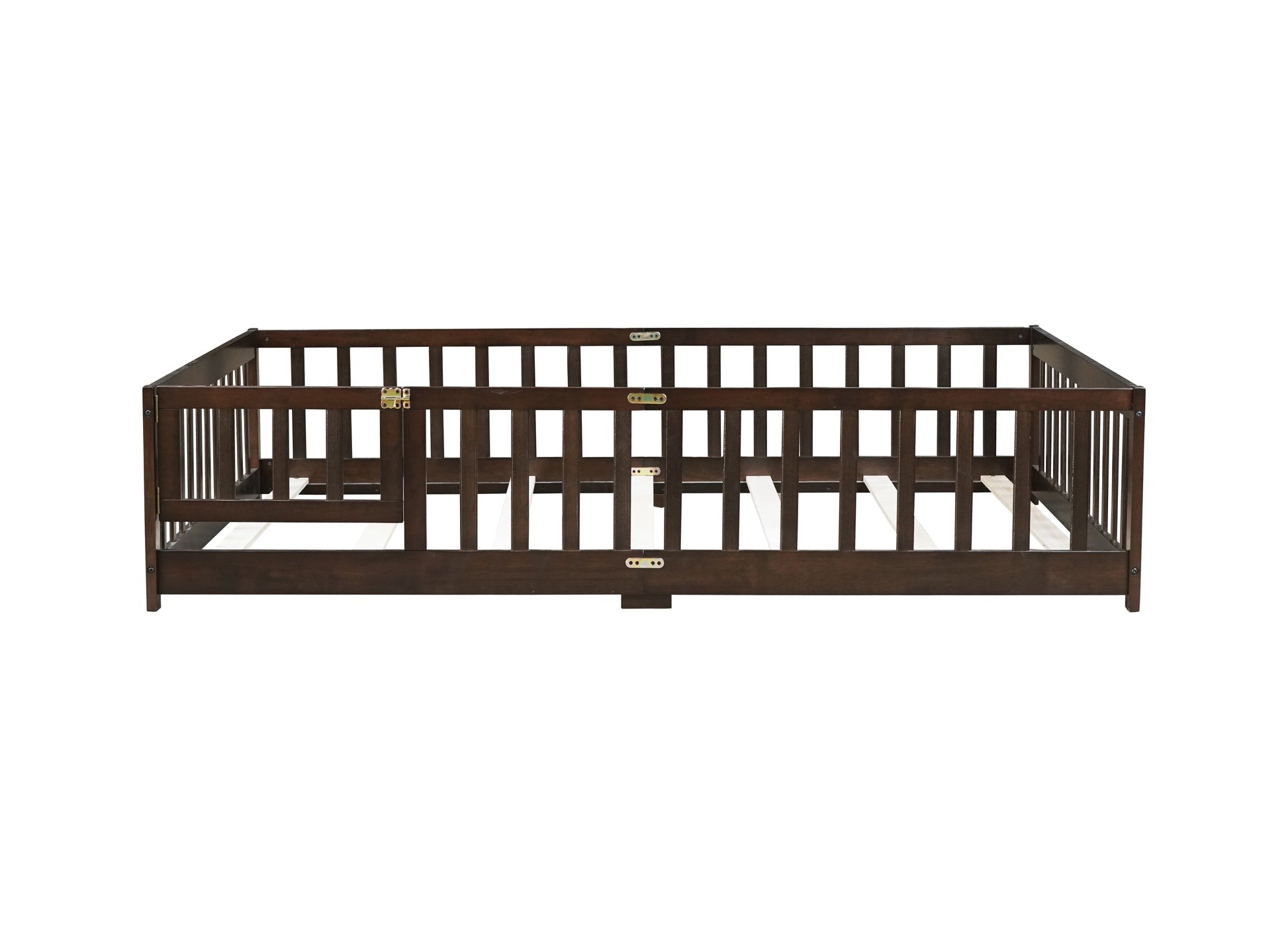 Full Size Floor Bed with Fence and Door,Rubber Wood Floor Bed with Safety Guardrails,Espresso (Old Sku W504P286381) image 2