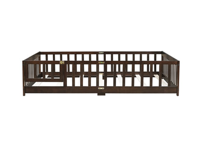 Full Size Floor Bed with Fence and Door,Rubber Wood Floor Bed with Safety Guardrails,Espresso (Old Sku W504P286381) image 2