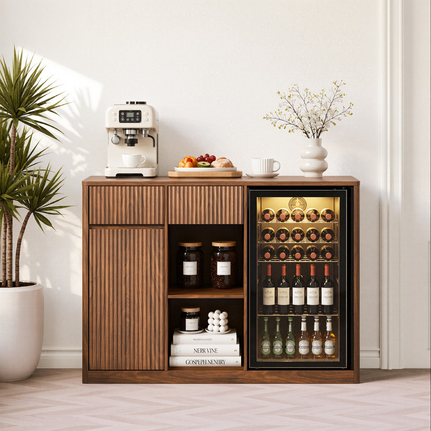 51" Fluted Bar Cabinet with Fridge Space (Fridge Not Included), Modern Coffee Station with Charging Hub & Wine Glass Rack, Walnut Buffet Sideboard for Home Beverage & Liquor Storage. image 5