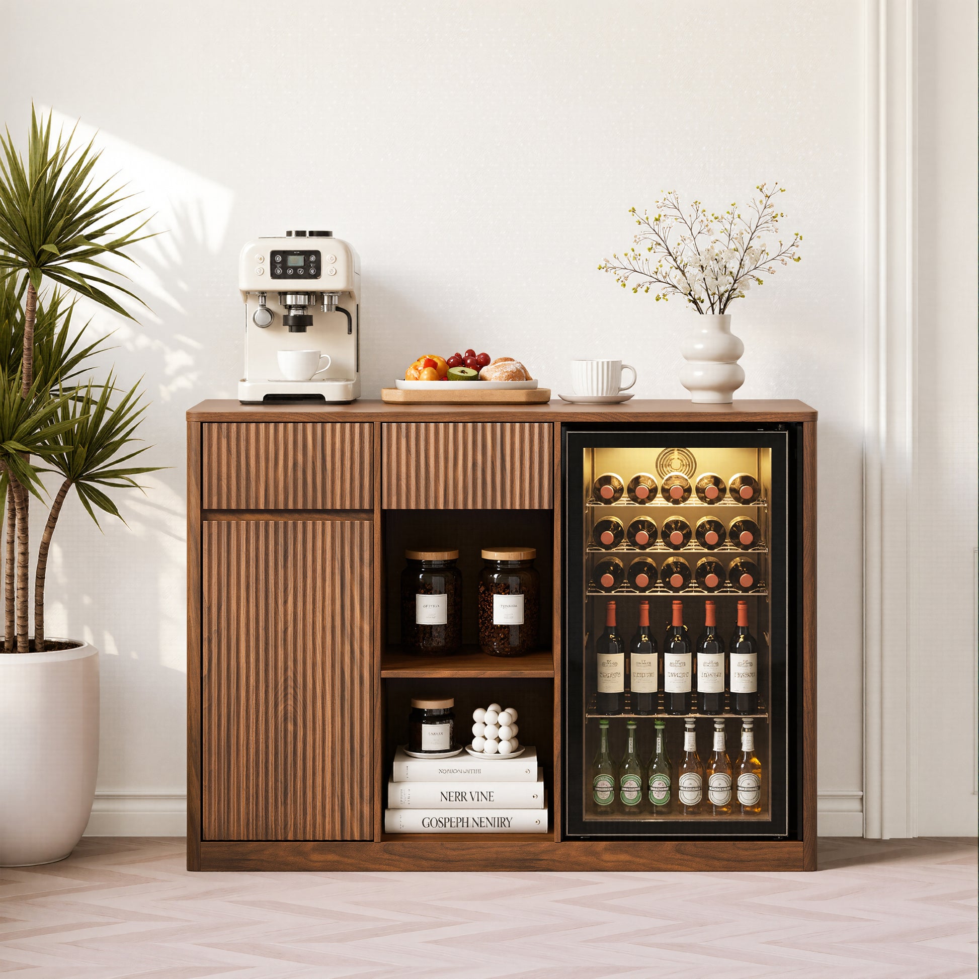 51" Fluted Bar Cabinet with Fridge Space (Fridge Not Included), Modern Coffee Station with Charging Hub & Wine Glass Rack, Walnut Buffet Sideboard for Home Beverage & Liquor Storage. image 5